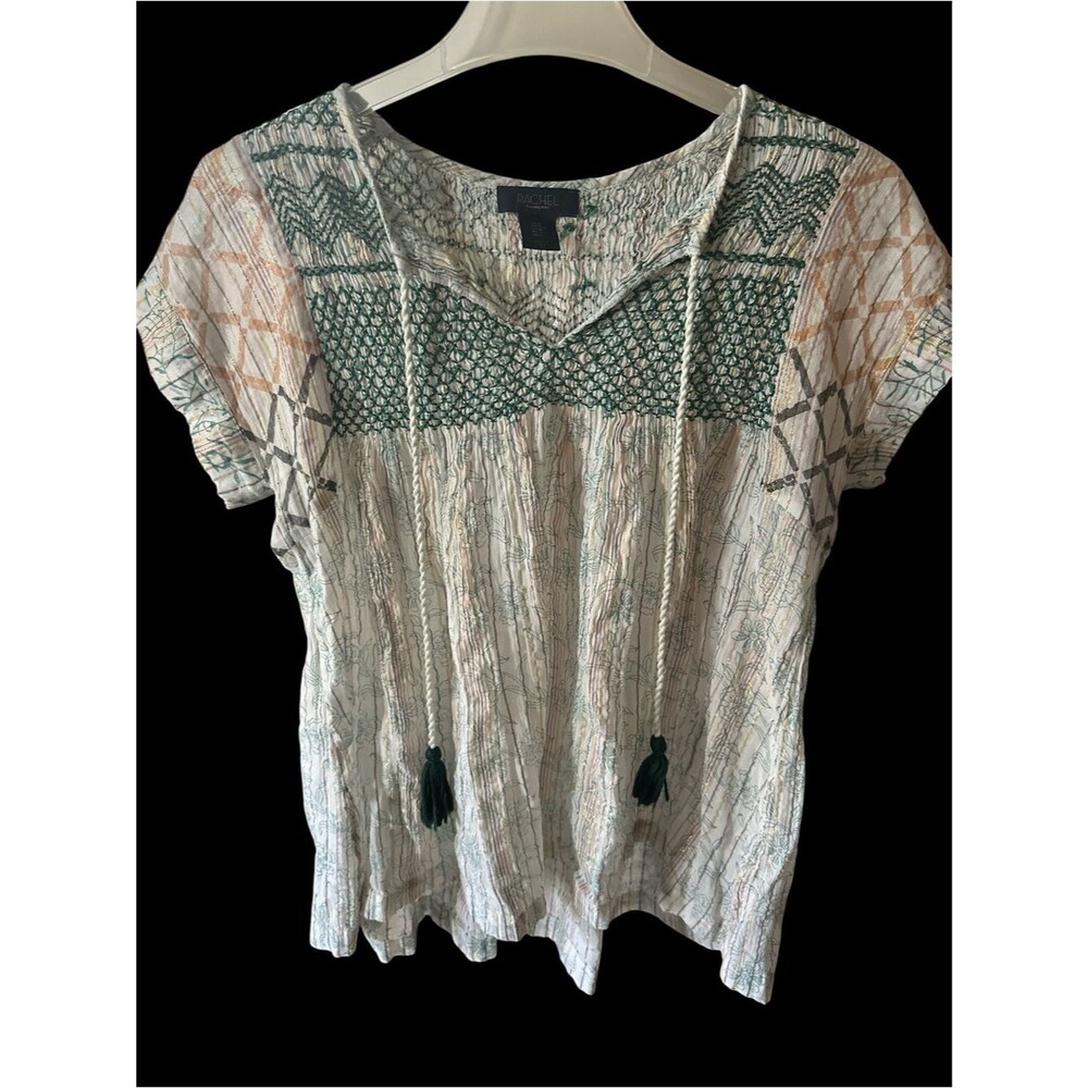 Rachel Rachel Roy Green & Cream Embroidered Tassel Short Sleeve Top Sz M
